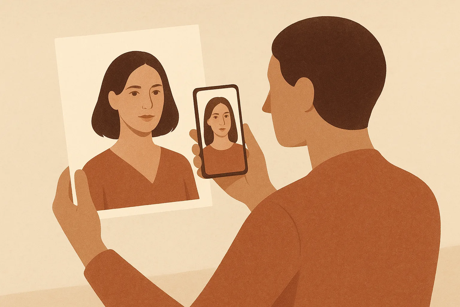 A warm editorial illustration of a person comparing a real studio photograph with an AI-generated portrait on a phone, in cream and terracotta tones