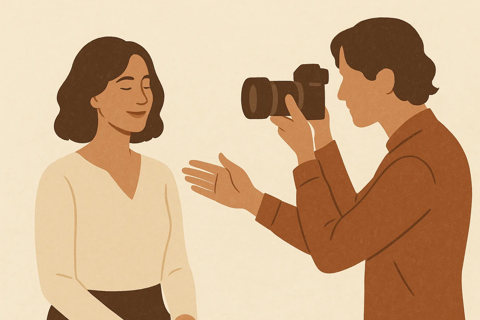 A warm editorial illustration of a photographer directing a relaxed subject into a natural headshot pose in cream and terracotta tones