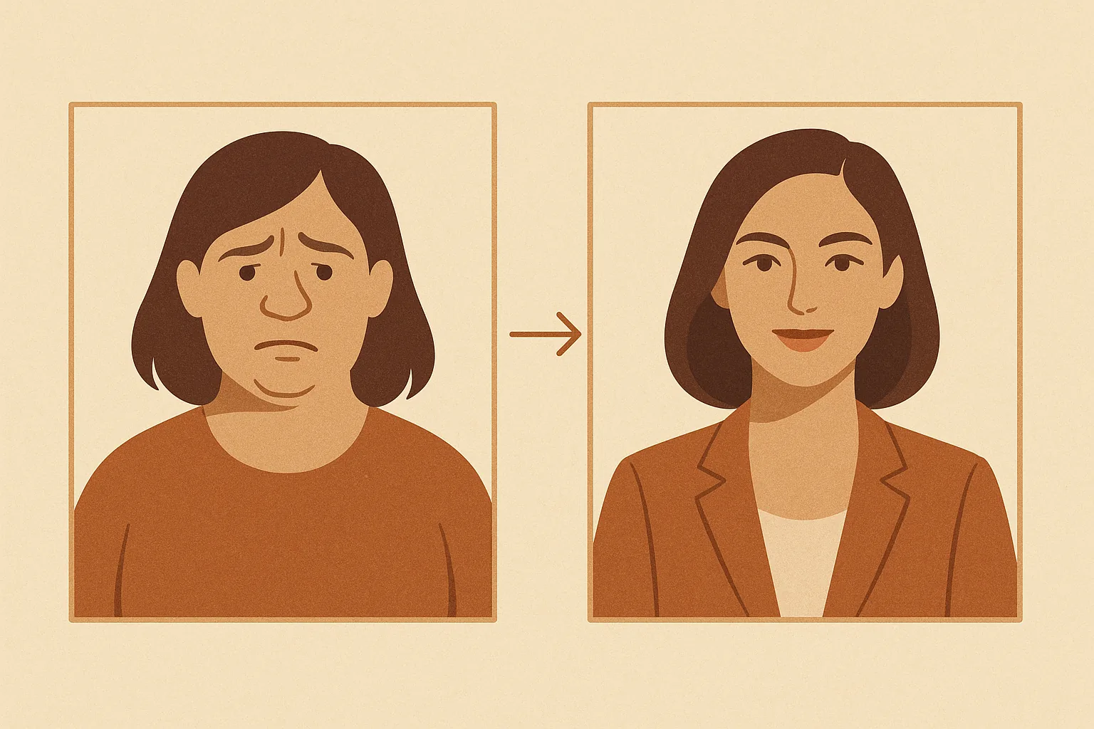 A warm editorial illustration comparing an unflattering headshot with a corrected one in cream and terracotta tones
