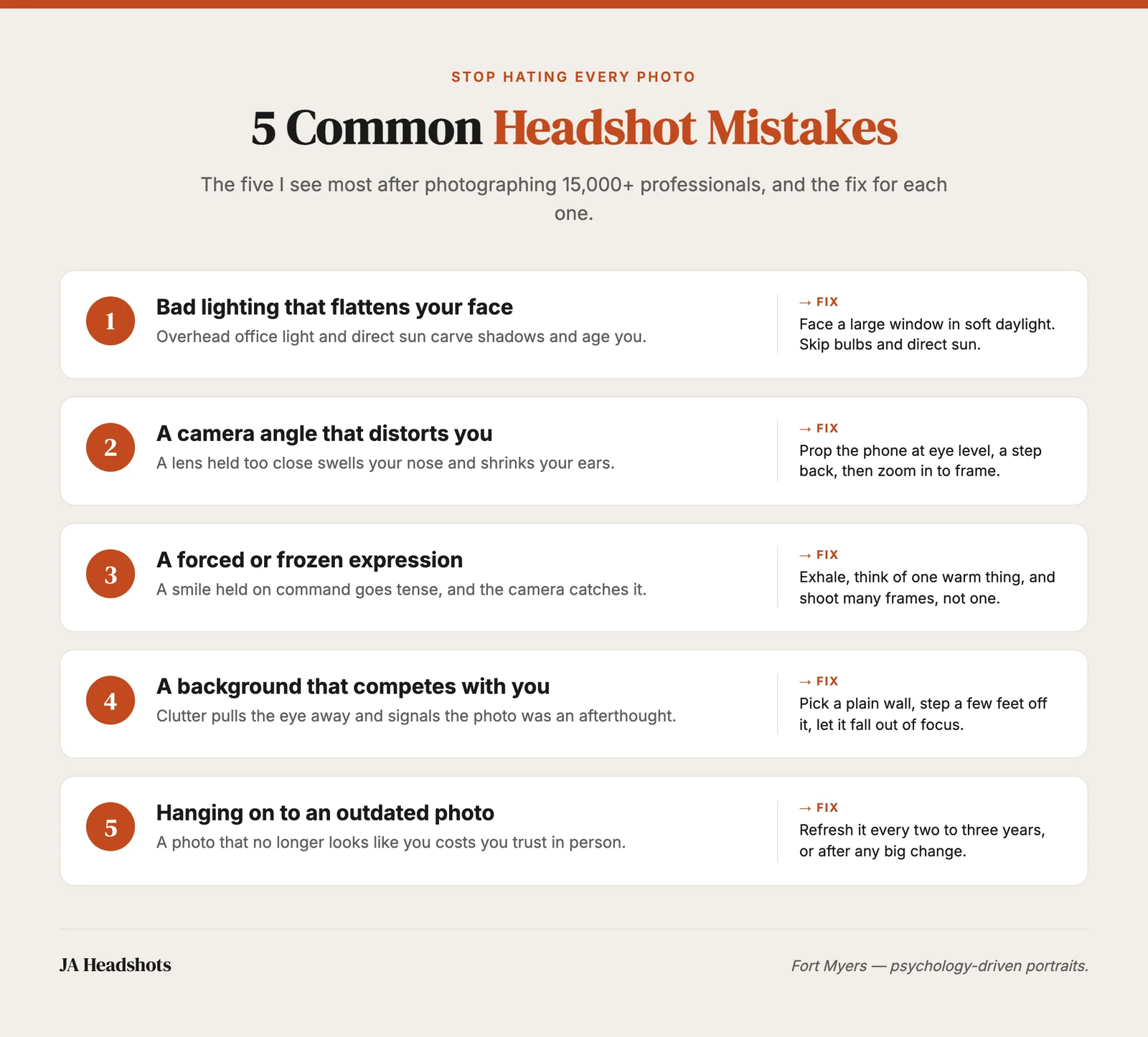 A Hallmark-style infographic listing five common headshot mistakes and the fix for each, with feather icons on a cream background
