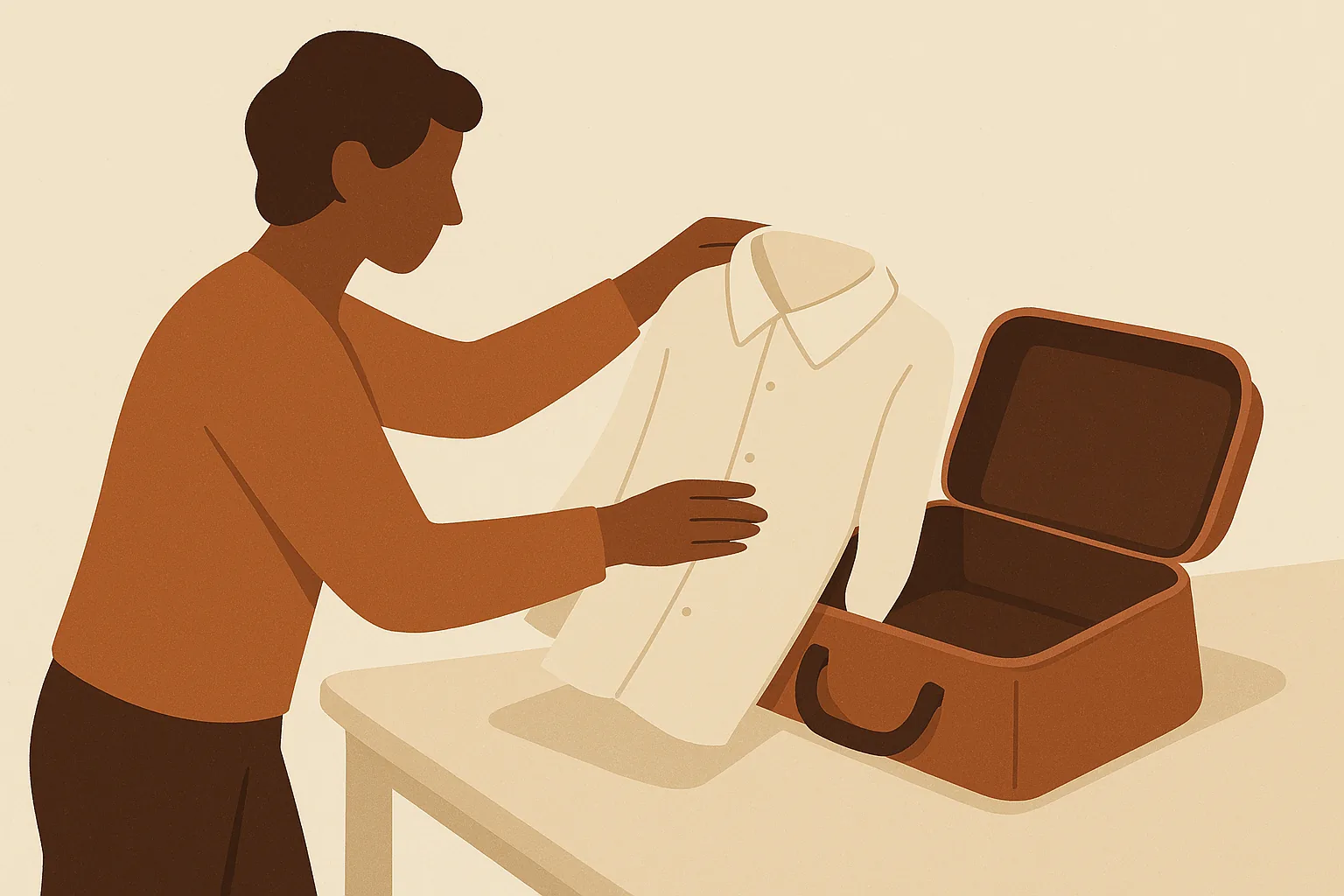 A warm editorial illustration of a person laying out a shirt and packing a bag the night before a headshot session, in cream and terracotta tones