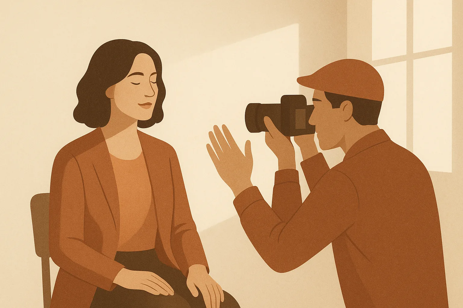 A warm editorial illustration of a photographer directing a relaxed subject under soft window light in cream and terracotta tones