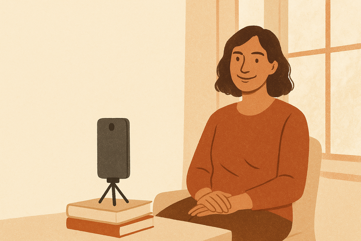 A warm editorial illustration of a relaxed person being photographed near a bright window in cream and terracotta tones
