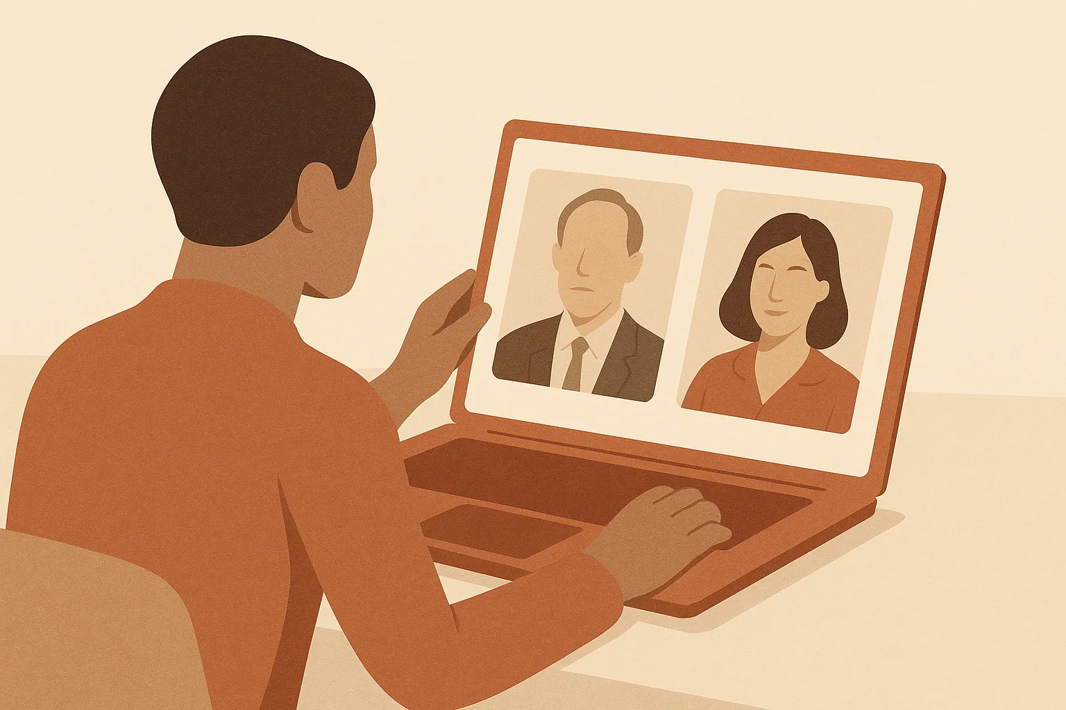 A warm editorial illustration of a person comparing an old and a new LinkedIn profile photo on a laptop in cream and terracotta tones