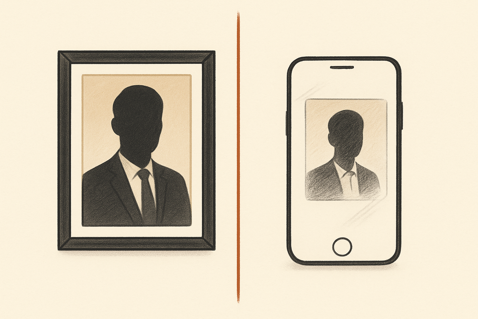 A refined editorial split between a polished portrait frame and a casual phone snapshot on a warm cream background