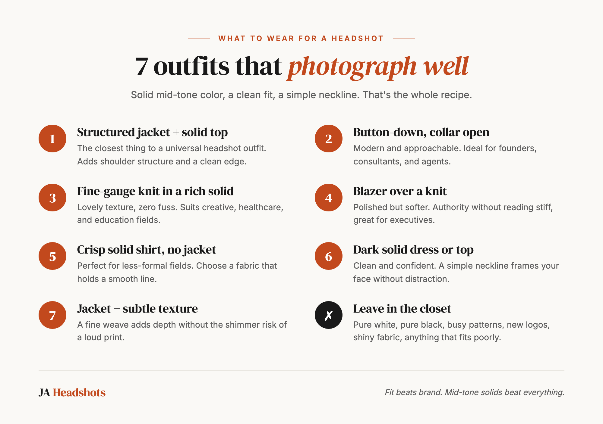 Hallmark-style infographic listing seven headshot wardrobe rules with feather icons on a cream background