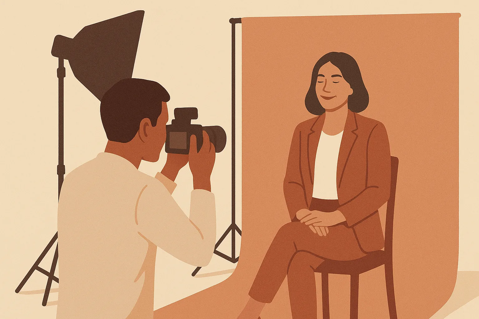 A warm editorial illustration of a relaxed real estate agent being photographed in a Fort Myers studio in cream and terracotta tones